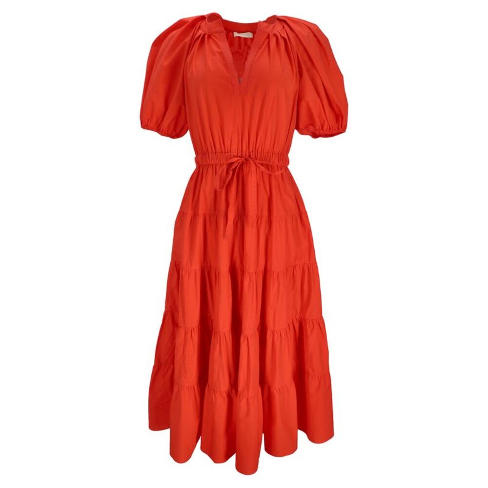 Ulla Johnson Olina Midi Tiered Dress in Coral Cotton